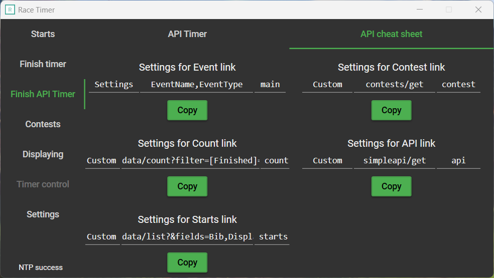 Third tab, with API settings, API cheatsheet