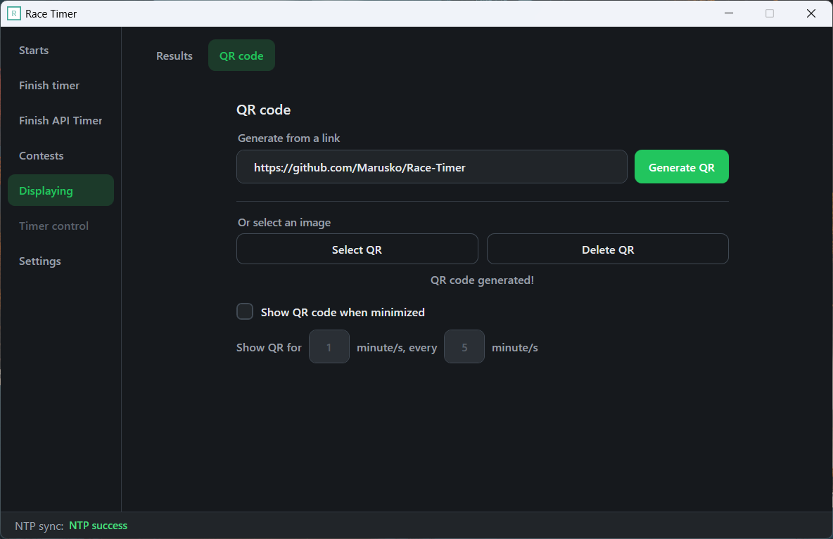 Fifth tab, with QR code settings