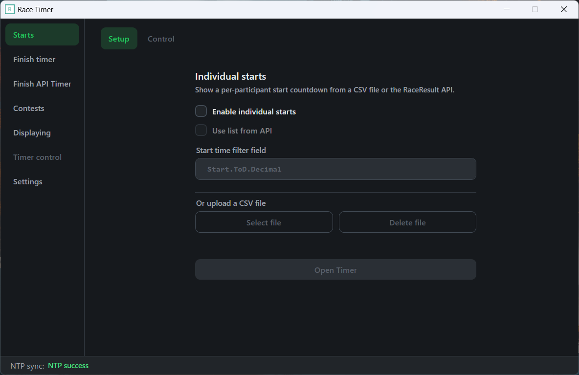First tab, individual starts, setup