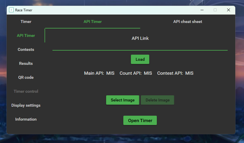 Second tab, with API settings, API timer