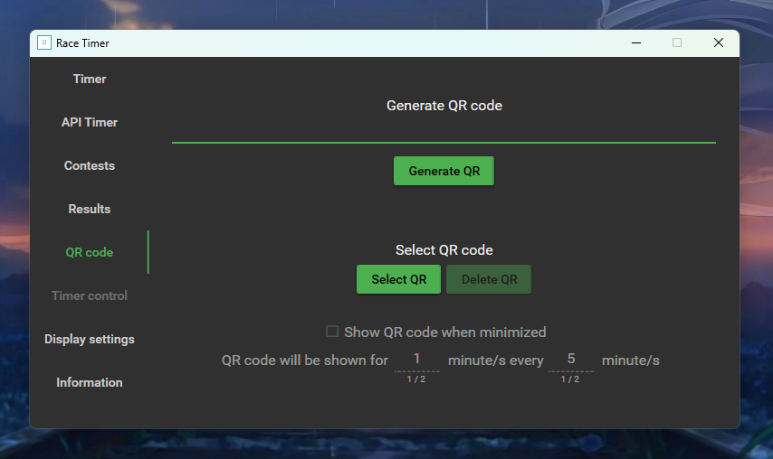 Fifth tab, with QR code settings